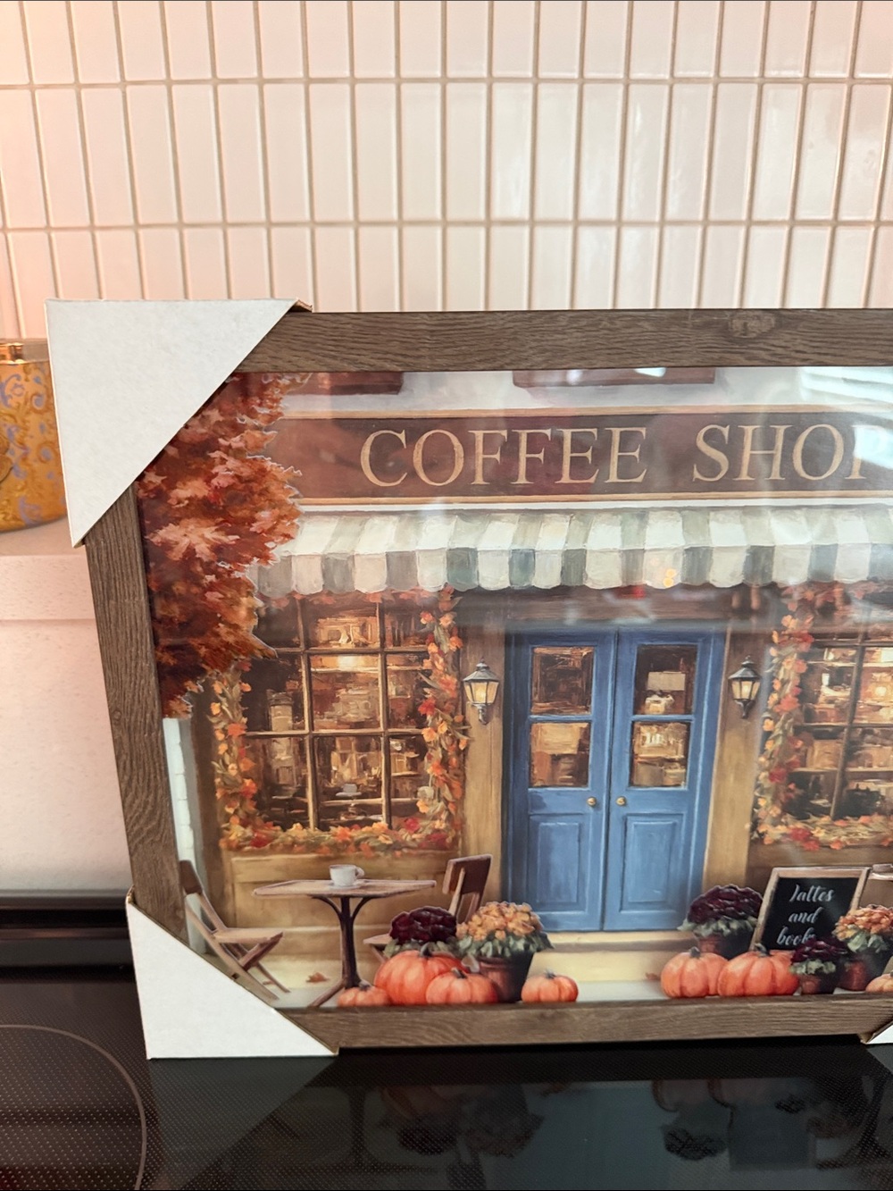 NWT-2026 Hobby Lobby Coffee Shop Wall Art Blue Door, Pumpkins, Brown Frame - Picture 3 of 7